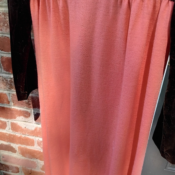 Designer Vntg 70s Cottagecore Maxi Dress 11 Peach Brown Velvet Flower Retro Boho - Picture 6 of 16